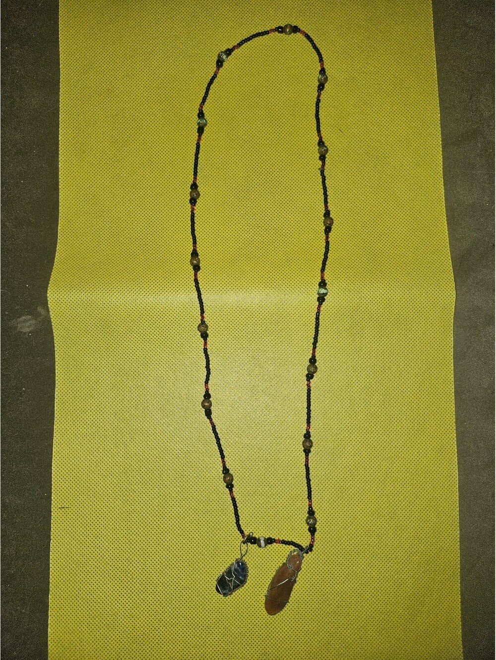 Vintage Beaded Necklace with 2 wire wrapped stones-unknown origin as-is as shown